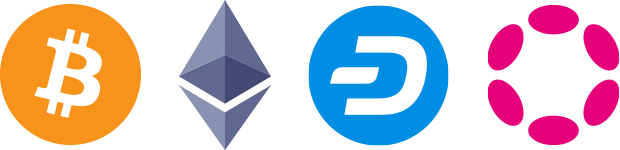 Bitcoin, Ethereum, Dash and Polkadot logos